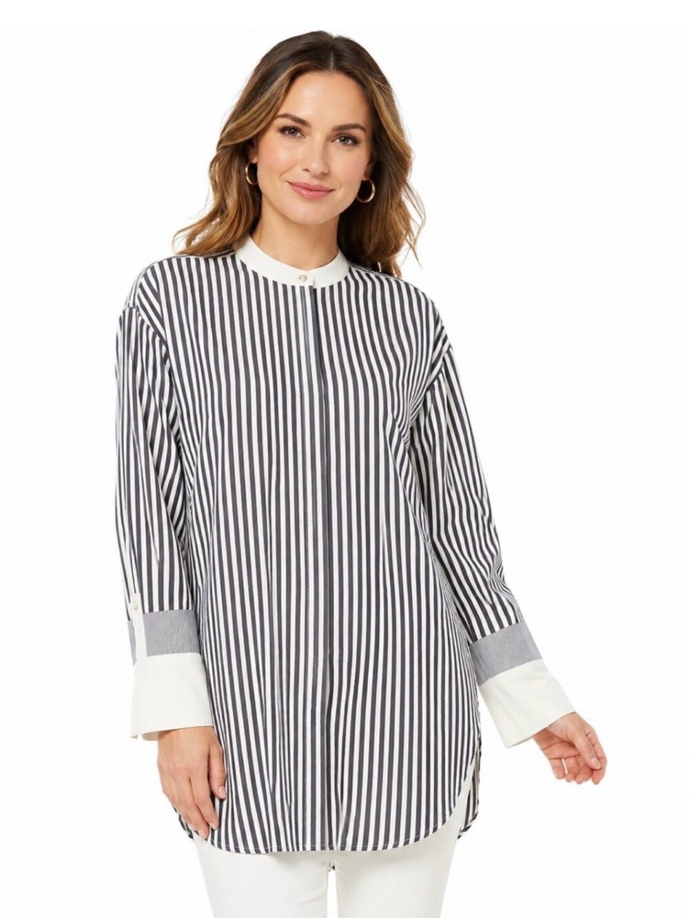 Lafayette 148 New York Marianna Tunic Blouse Sz S Saxony Stripe Quiet Luxury